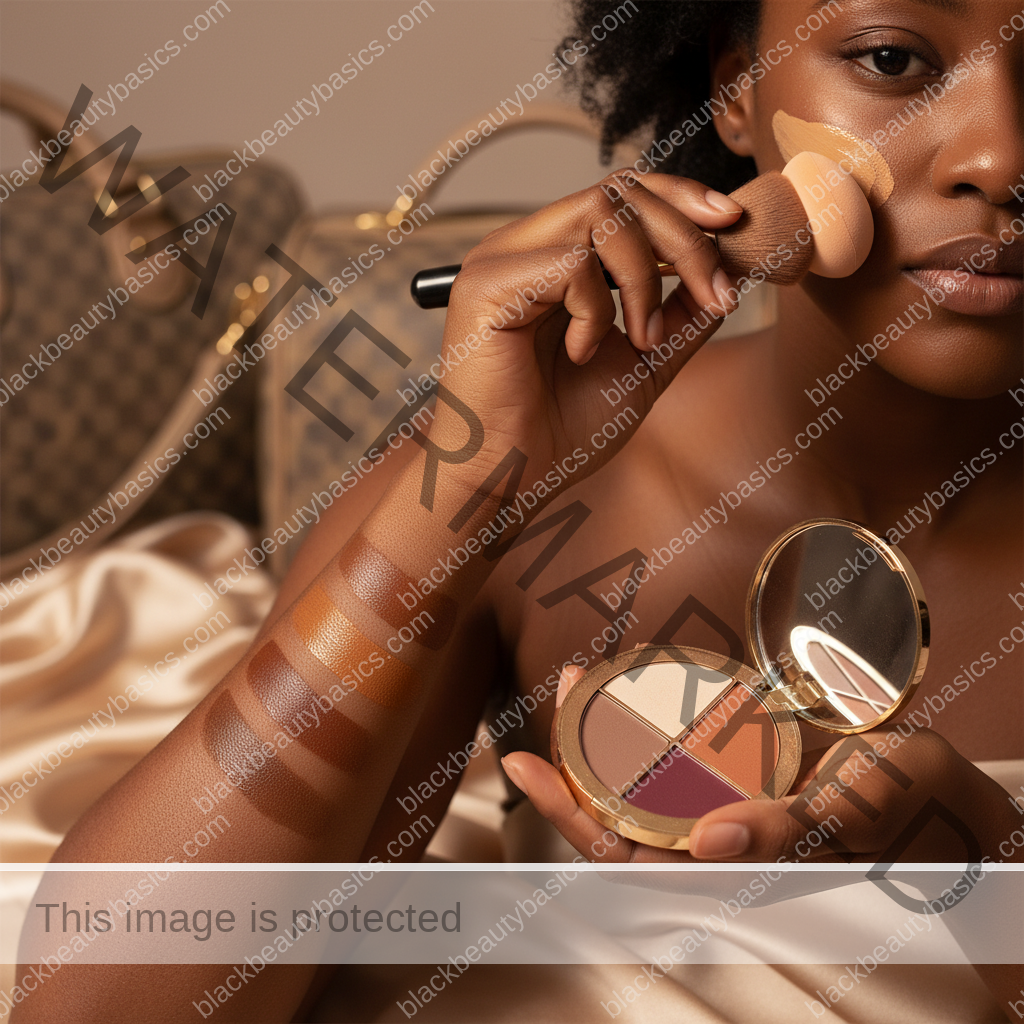 Melanin-rich Black woman with rich brown skin and textured hair using a practical makeup application step with natural hands and correct anatomy