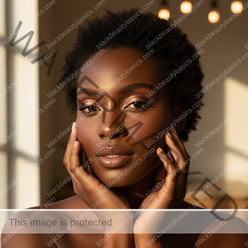 Melanin-rich Black woman with rich brown skin and textured hair relaxed with dimensional makeup for deep skin