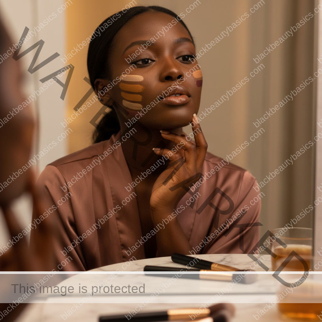 Melanin-rich Black woman with rich brown skin and textured hair in a calm mirror moment checking makeup undertone and finish