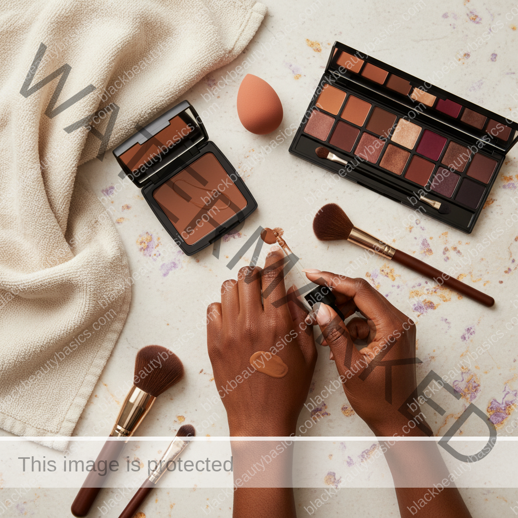 Deep skin makeup essentials for Undertone Mistakes Black Women Make When Shopping Foundation in ivory plum bronze and soft gold tones