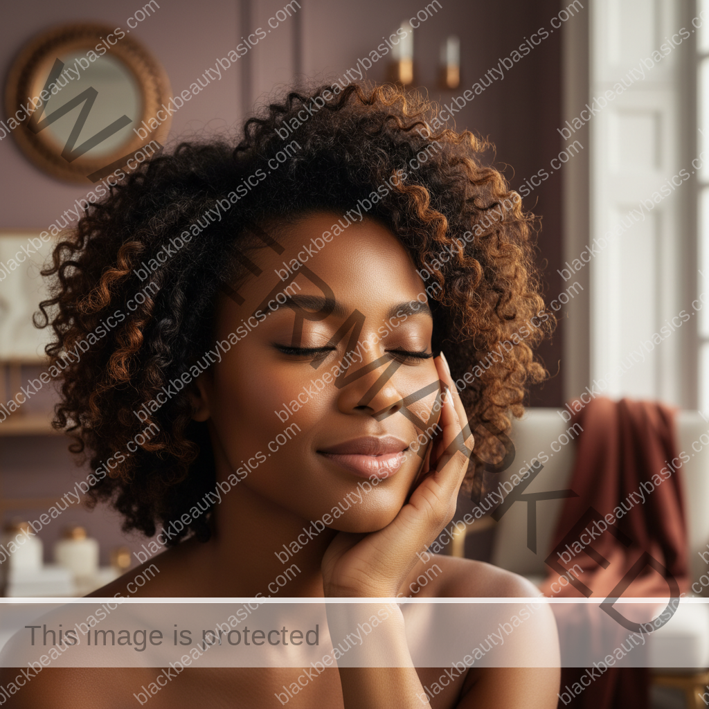 Melanin-rich Black woman with rich brown skin and textured hair relaxed after a gentle natural-hair routine