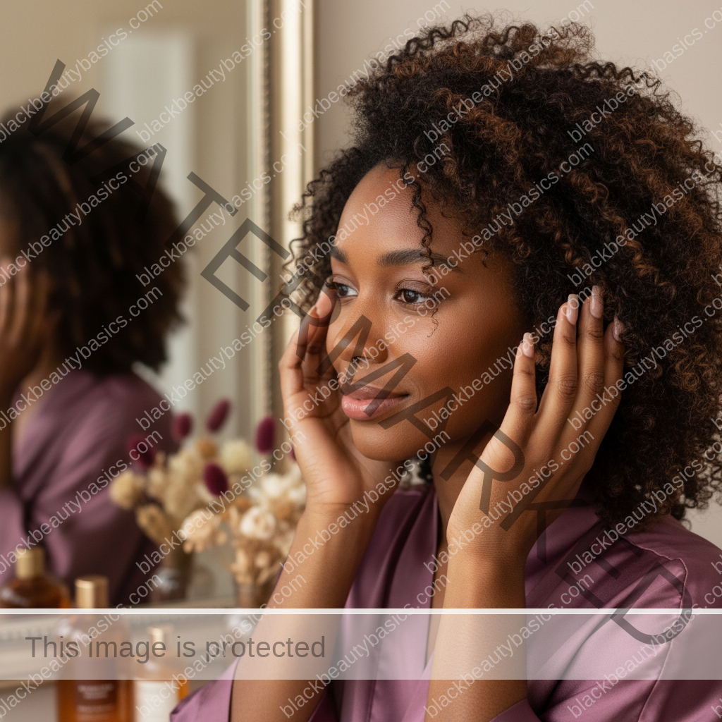 Melanin-rich Black woman with rich brown skin and textured hair in a calm mirror moment with natural hair