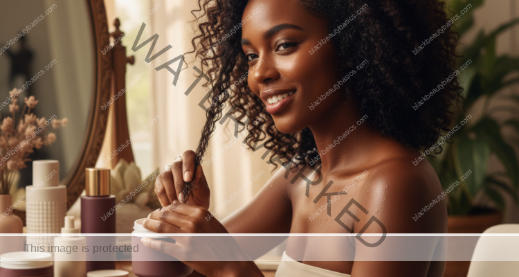 Melanin-rich Black woman with rich brown skin and textured hair in a warm editorial natural-hair routine moment for How to Make Wash-and-Go Styles Work on Tightly Coiled Hair
