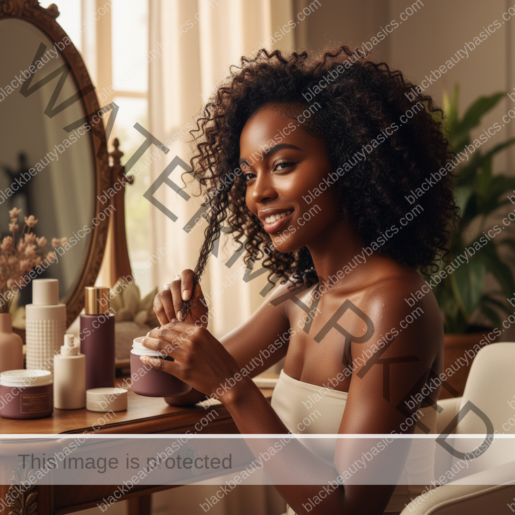 Melanin-rich Black woman with rich brown skin and textured hair in a warm editorial natural-hair routine moment for How to Make Wash-and-Go Styles Work on Tightly Coiled Hair