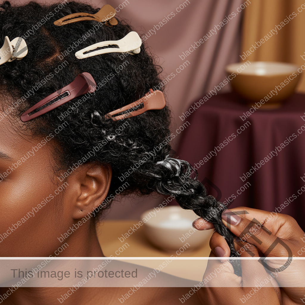 Melanin-rich Black woman with rich brown skin and textured hair using a practical natural-hair care step with natural hands and correct anatomy