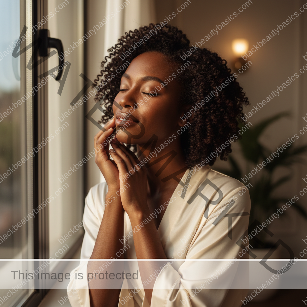 Melanin-rich Black woman with rich brown skin and textured hair relaxed after a gentle natural-hair routine
