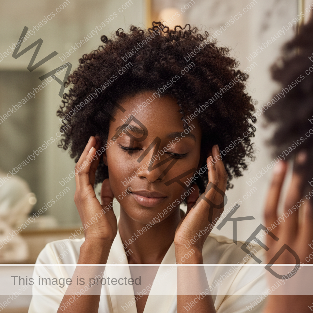 Melanin-rich Black woman with rich brown skin and textured hair in a calm mirror moment with natural hair