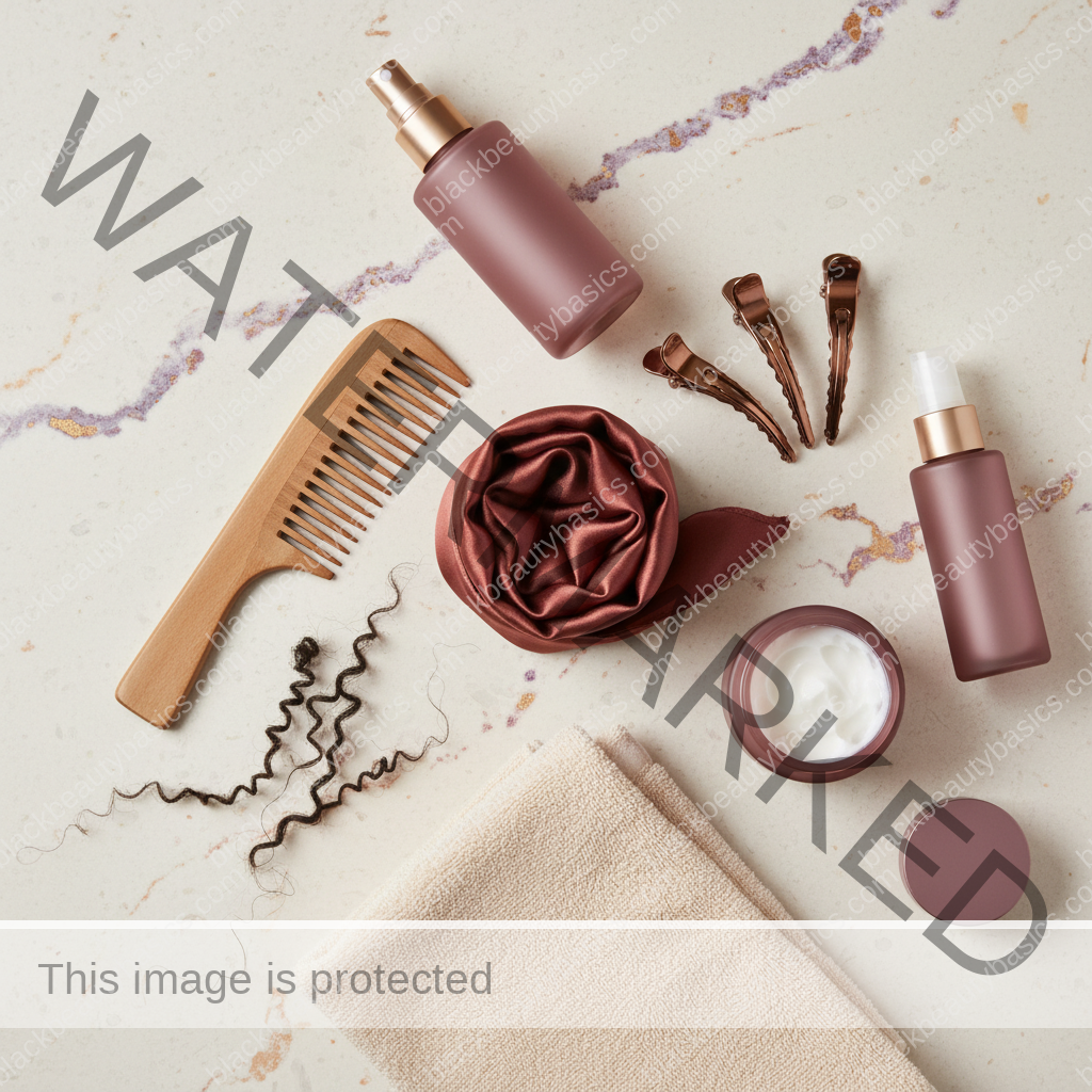 Natural-hair care essentials for Wash Day Routine for 4C Hair With Low Energy in ivory plum bronze and soft gold tones