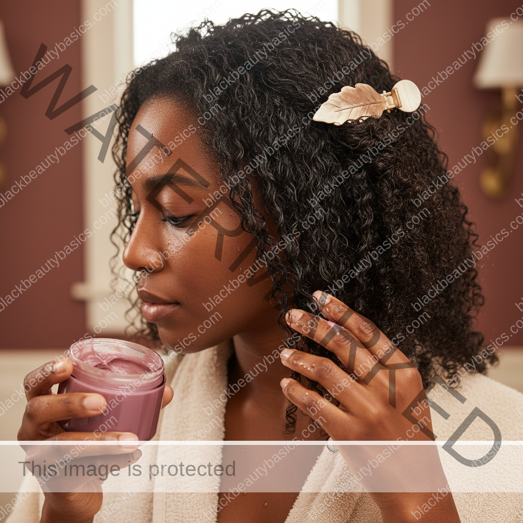 Melanin-rich Black woman with rich brown skin and textured hair using a practical natural-hair care step with natural hands and correct anatomy