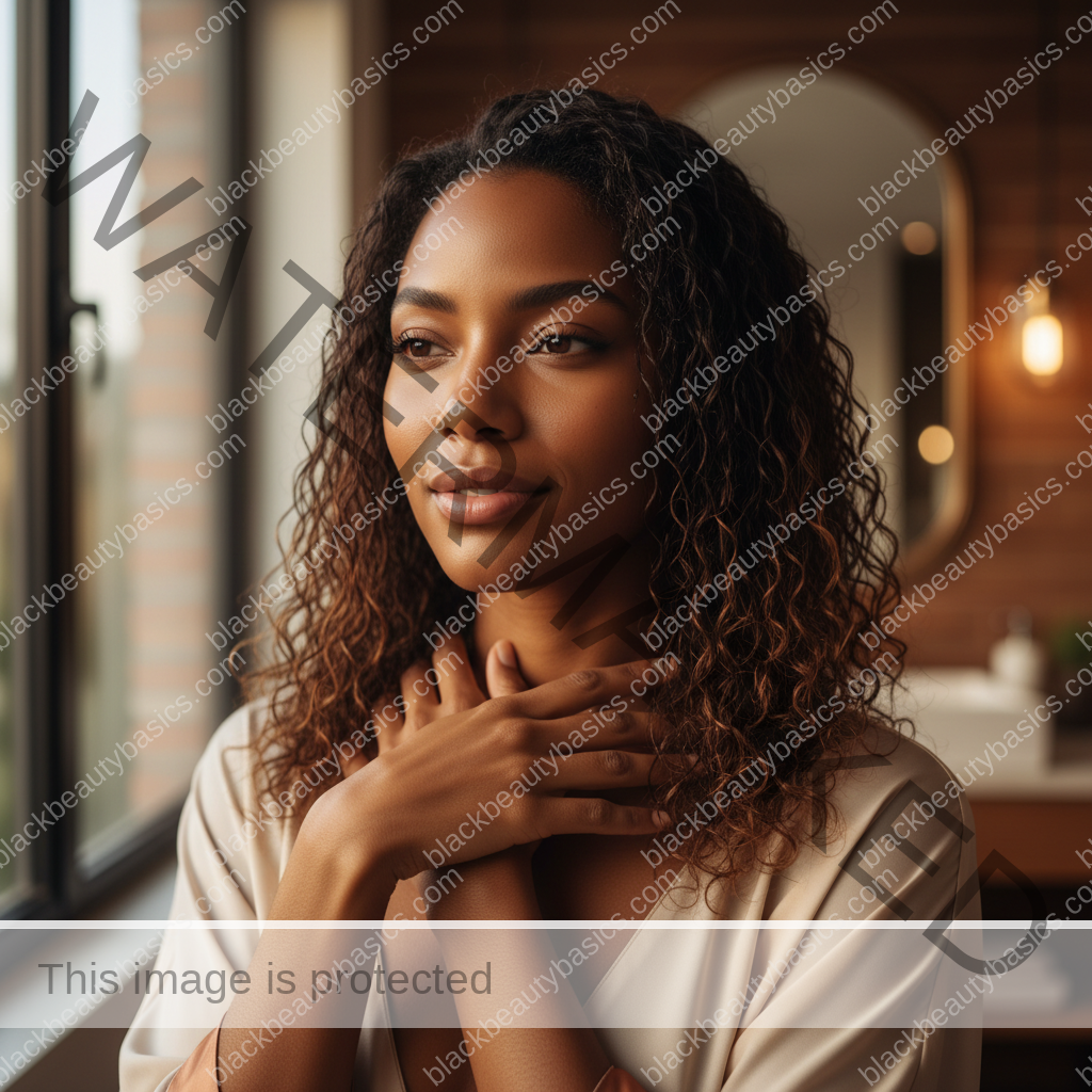Melanin-rich Black woman with rich brown skin and textured hair relaxed after a gentle natural-hair routine
