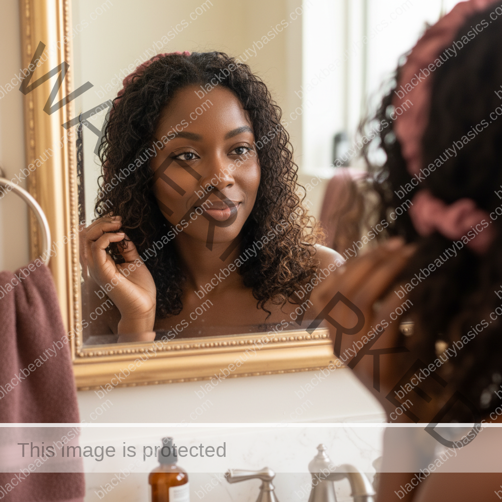 Melanin-rich Black woman with rich brown skin and textured hair in a calm mirror moment with natural hair