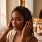 Melanin-rich Black woman with rich brown skin and textured hair in a warm editorial natural-hair routine moment for Wash Day Routine for High-Porosity Natural Hair