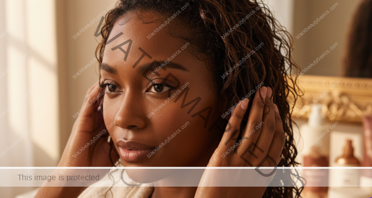 Melanin-rich Black woman with rich brown skin and textured hair in a warm editorial natural-hair routine moment for Wash Day Routine for High-Porosity Natural Hair