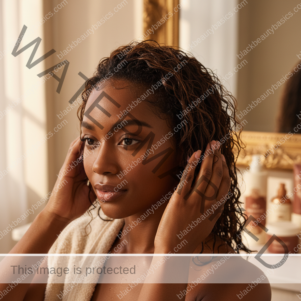 Melanin-rich Black woman with rich brown skin and textured hair in a warm editorial natural-hair routine moment for Wash Day Routine for High-Porosity Natural Hair