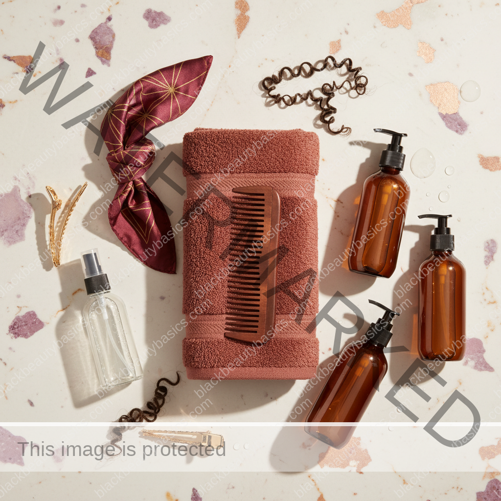 Natural-hair care essentials for Wash Day Routine for High-Porosity Natural Hair in ivory plum bronze and soft gold tones