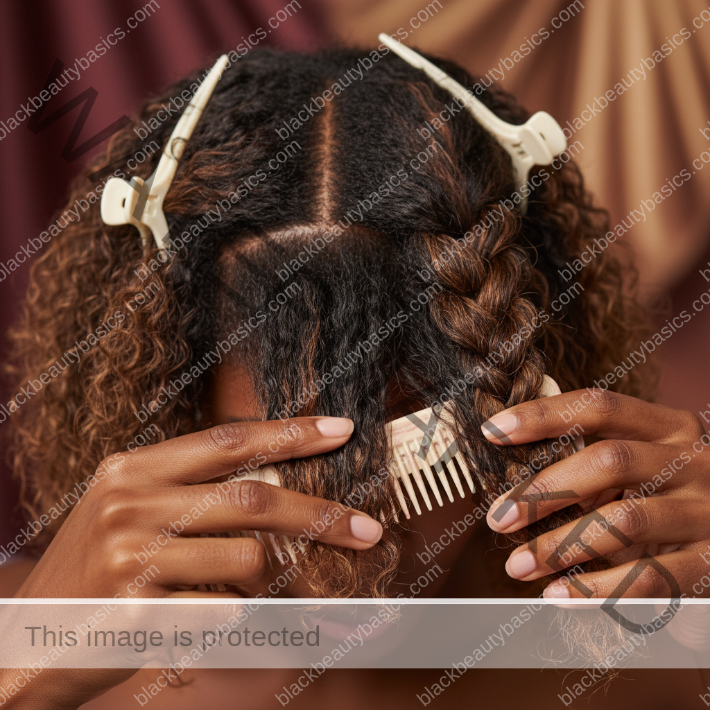 Melanin-rich Black woman with rich brown skin and textured hair using a practical natural-hair care step with natural hands and correct anatomy
