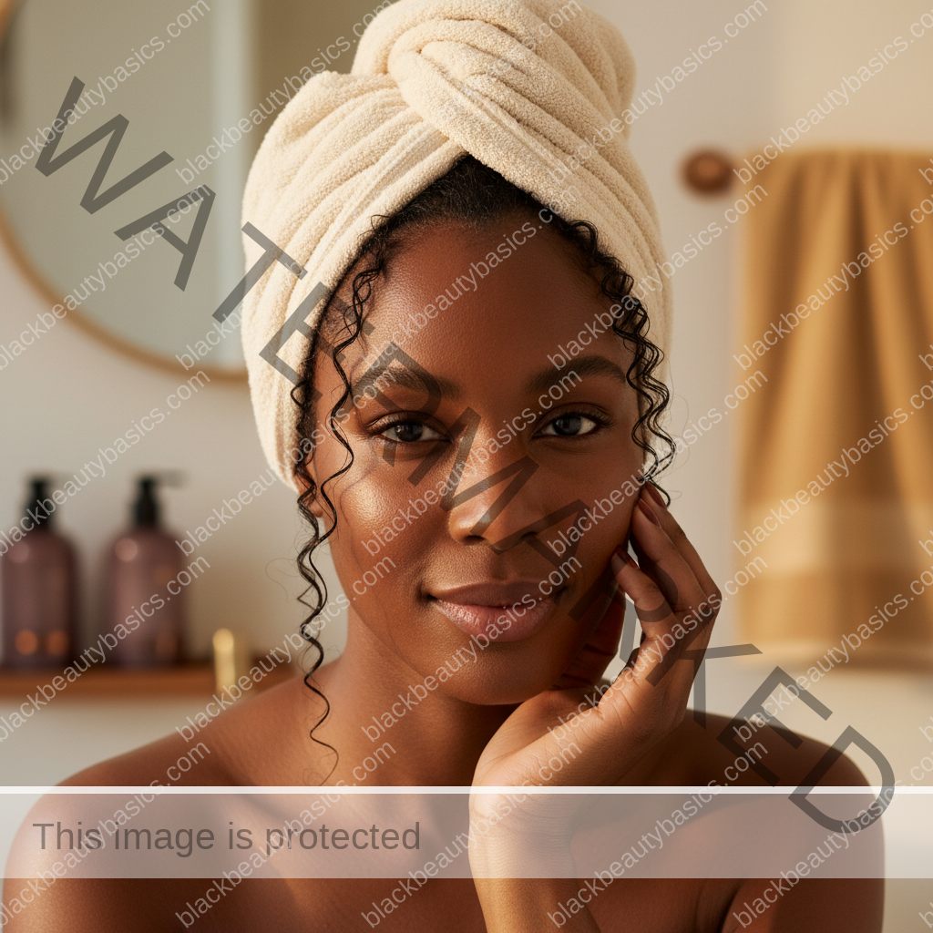 Melanin-rich Black woman with rich brown skin and textured hair relaxed after a gentle natural-hair routine