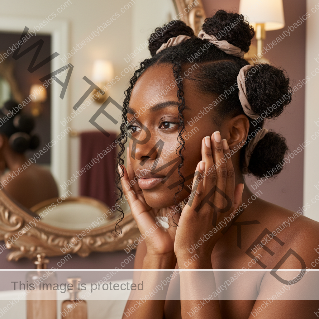 Melanin-rich Black woman with rich brown skin and textured hair in a calm mirror moment with natural hair