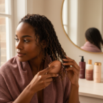 Melanin-rich Black woman with rich brown skin and textured hair in a warm editorial natural-hair routine moment for Wash Day Routine for Low-Porosity Natural Hair