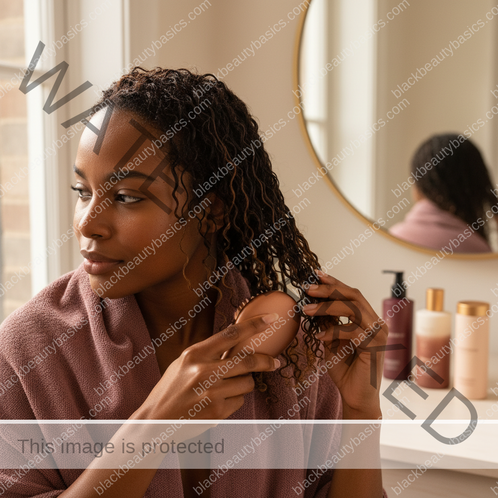 Melanin-rich Black woman with rich brown skin and textured hair in a warm editorial natural-hair routine moment for Wash Day Routine for Low-Porosity Natural Hair