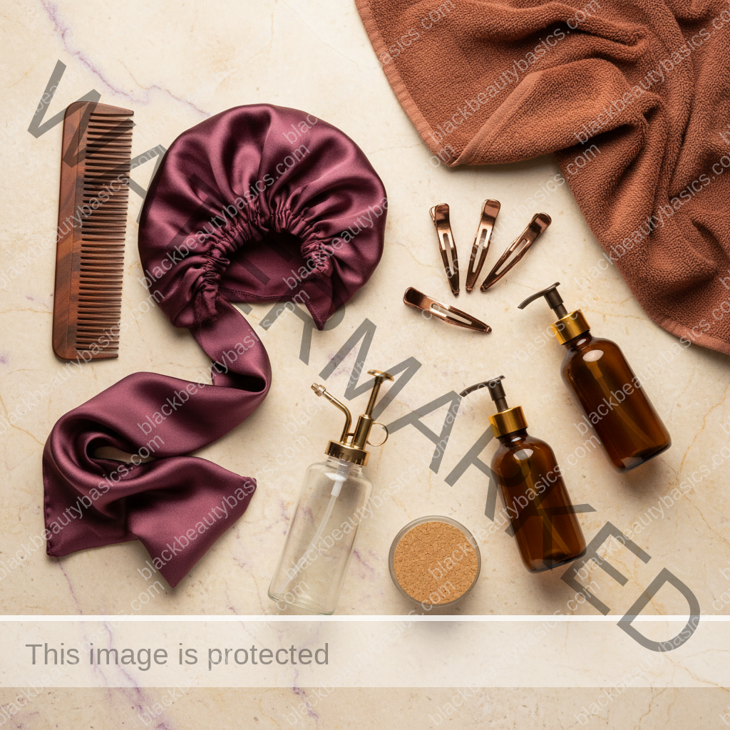 Natural-hair care essentials for Wash Day Routine for Low-Porosity Natural Hair in ivory plum bronze and soft gold tones