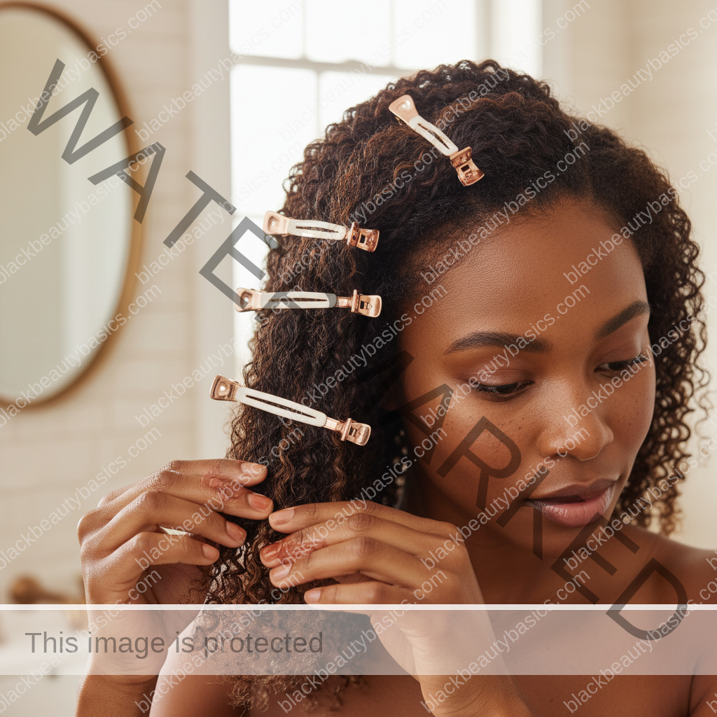 Melanin-rich Black woman with rich brown skin and textured hair using a practical natural-hair care step with natural hands and correct anatomy