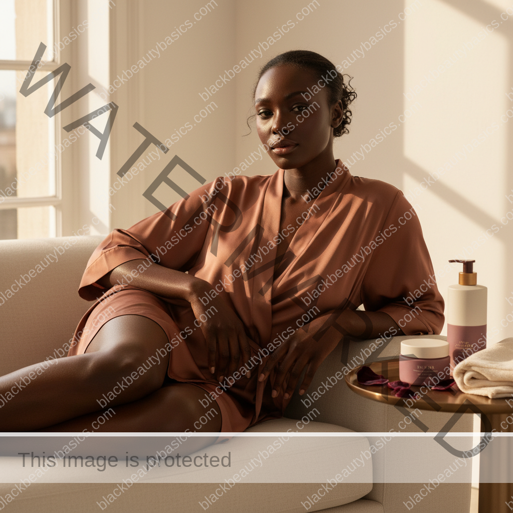 Melanin-rich Black woman with rich brown skin relaxed after a gentle body care routine