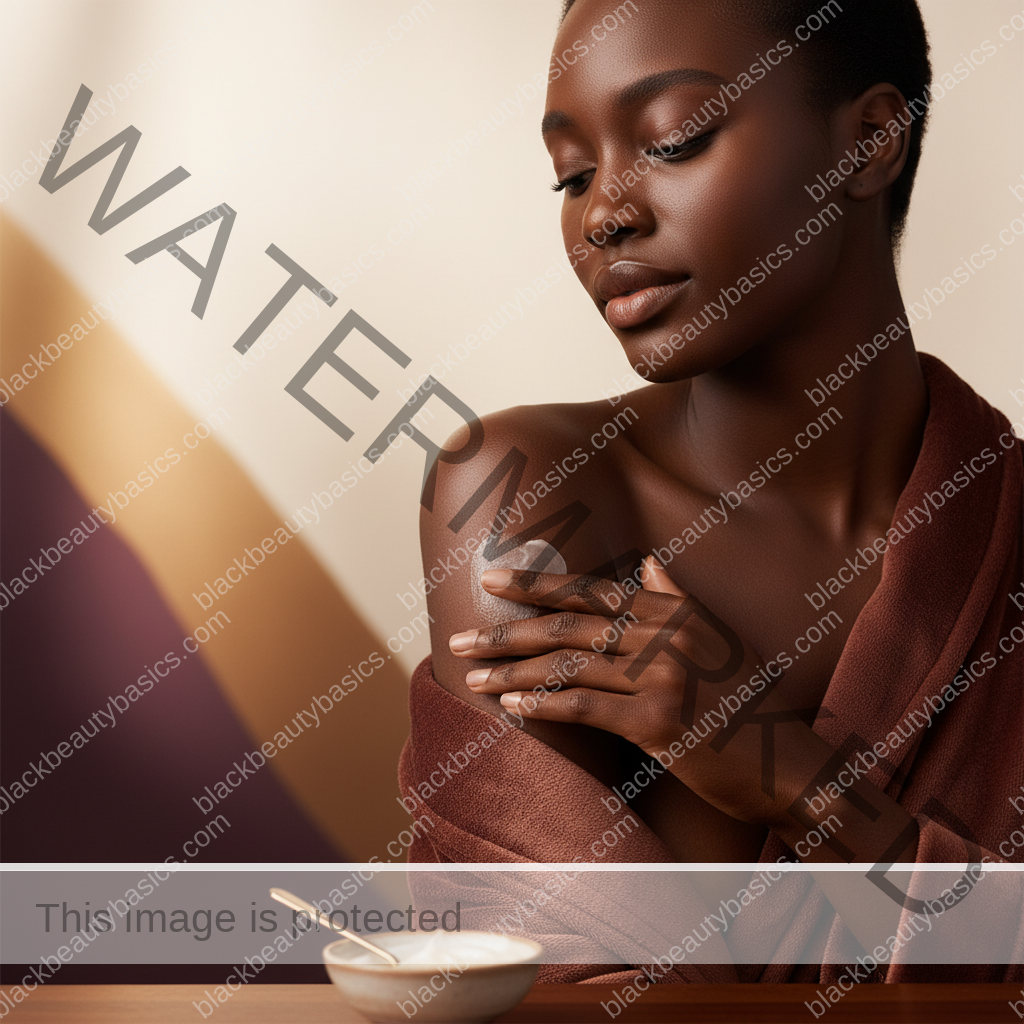 Melanin-rich Black woman with rich brown skin in a soft reassuring body care scene