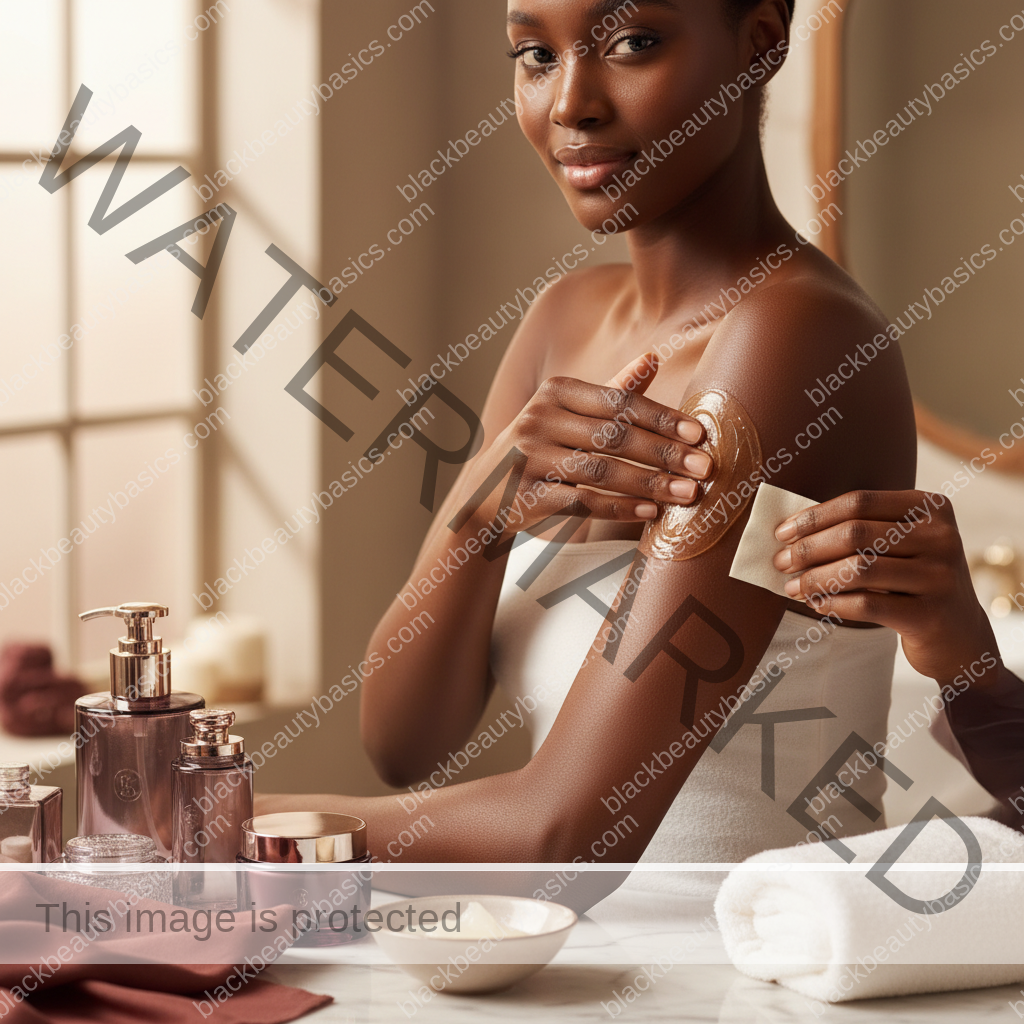 Melanin-rich Black woman with rich brown skin in a warm editorial body care moment for Waxing vs Sugaring on Dark Skin: Which Is Gentler for PIH-Prone Skin