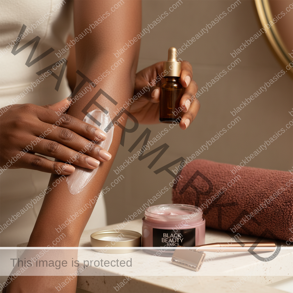 Melanin-rich Black woman with rich brown skin using a practical body care step with natural hands and correct anatomy
