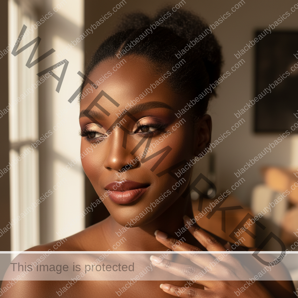Melanin-rich Black woman with rich brown skin and textured hair relaxed with dimensional makeup for deep skin