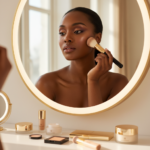 Melanin-rich Black woman with rich brown skin and textured hair in a warm editorial makeup moment for Wedding Guest Makeup for Deep Skin