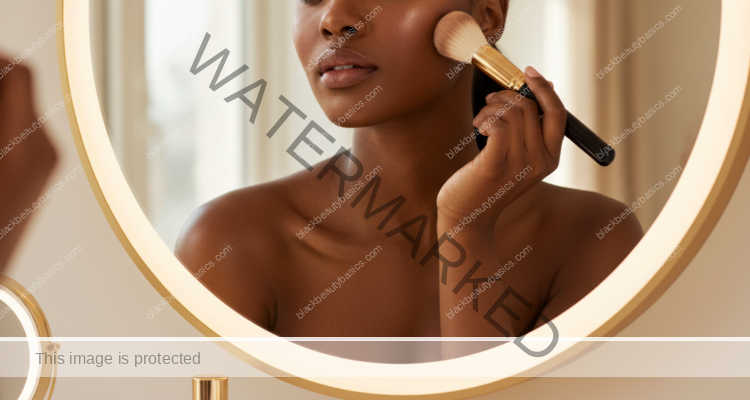 Melanin-rich Black woman with rich brown skin and textured hair in a warm editorial makeup moment for Wedding Guest Makeup for Deep Skin