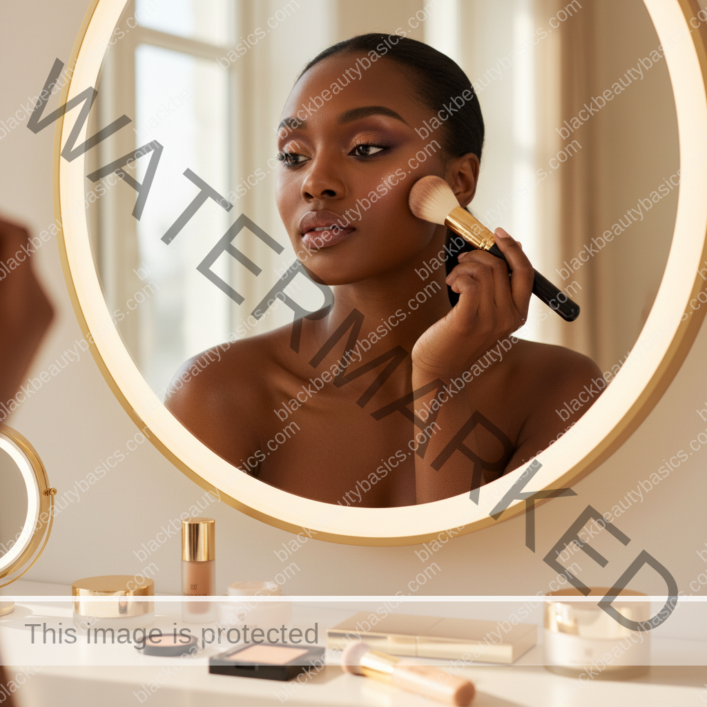 Melanin-rich Black woman with rich brown skin and textured hair in a warm editorial makeup moment for Wedding Guest Makeup for Deep Skin