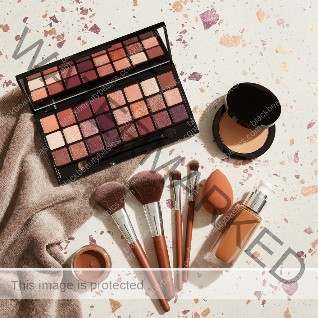 Deep skin makeup essentials for Wedding Guest Makeup for Deep Skin in ivory plum bronze and soft gold tones