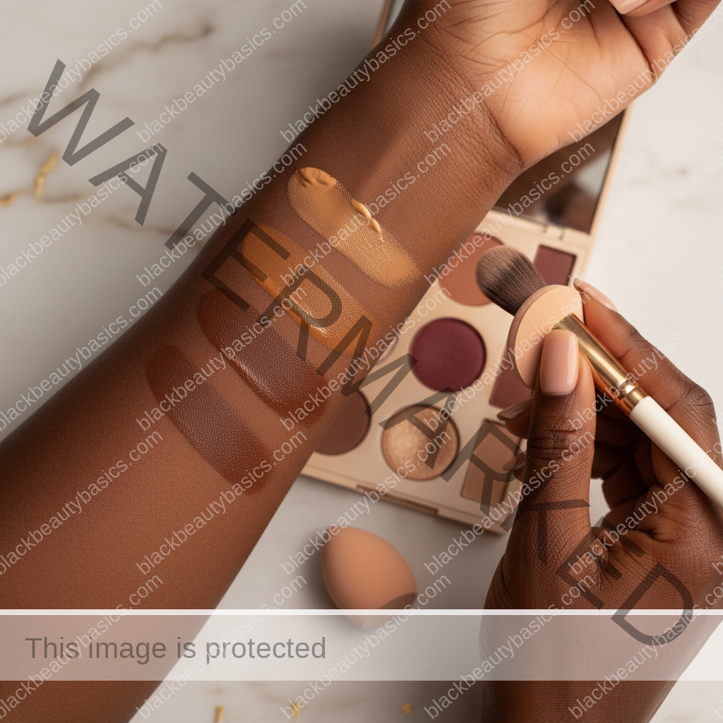 Melanin-rich Black woman with rich brown skin and textured hair using a practical makeup application step with natural hands and correct anatomy