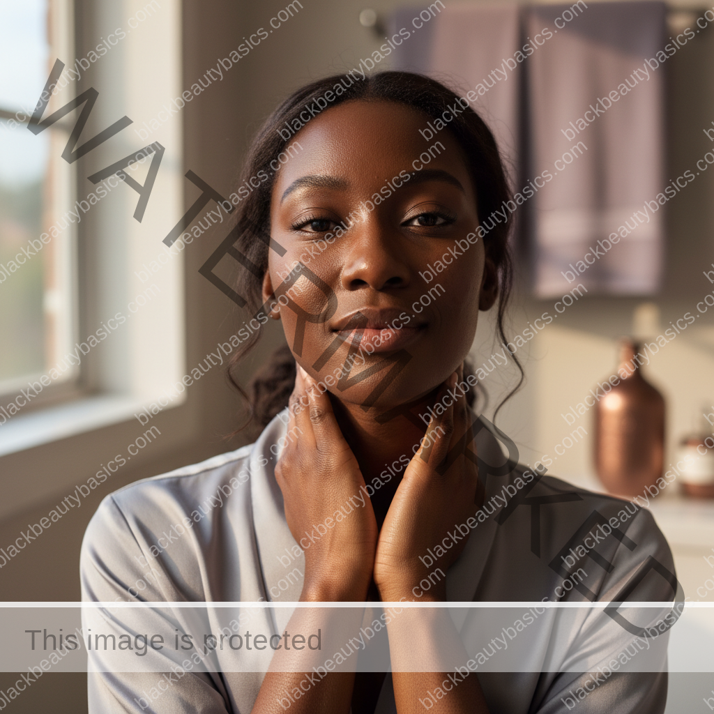 Black woman with deep skin relaxed after a gentle acne-safe skincare routine