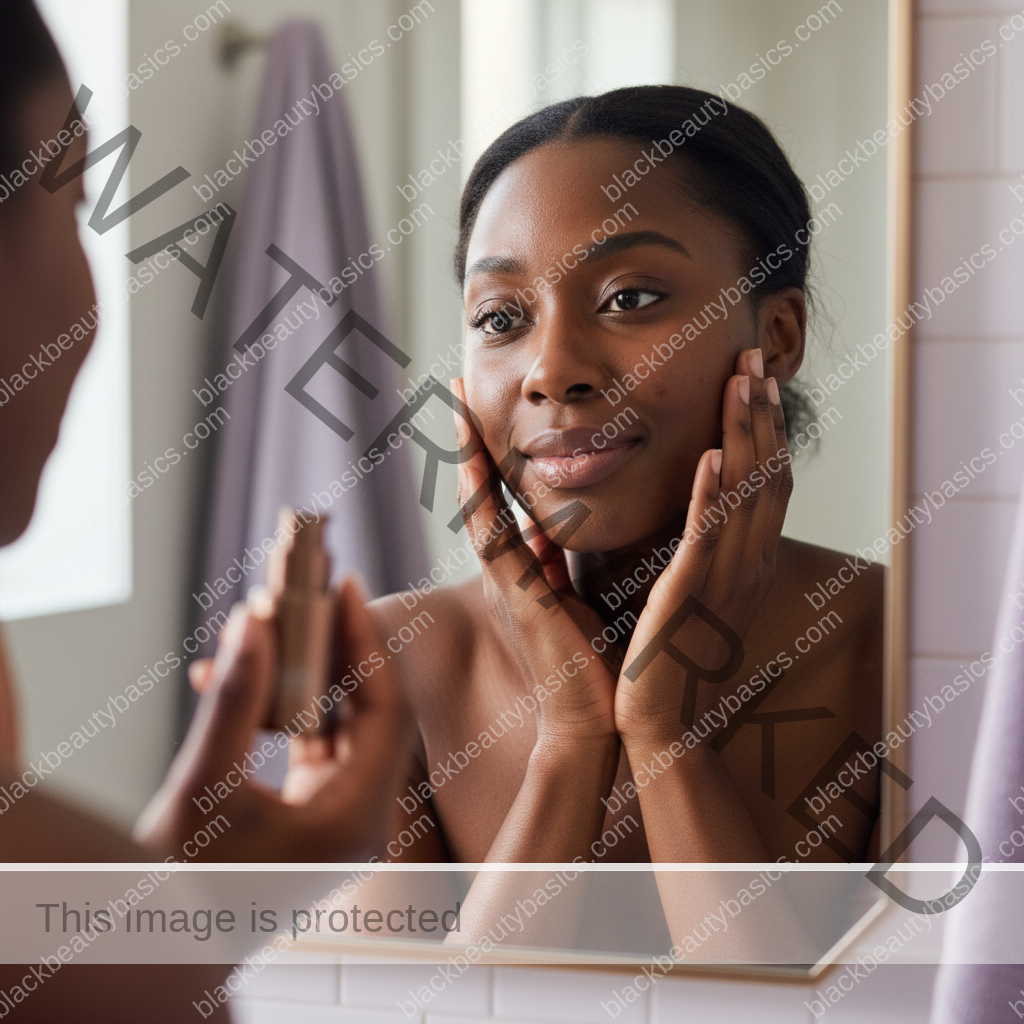 Black woman with richly melanated skin reflecting gently during an acne care routine