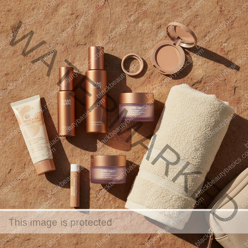Acne-safe skincare essentials arranged for What Skin Purging Looks Like on Melanin-Rich Skin