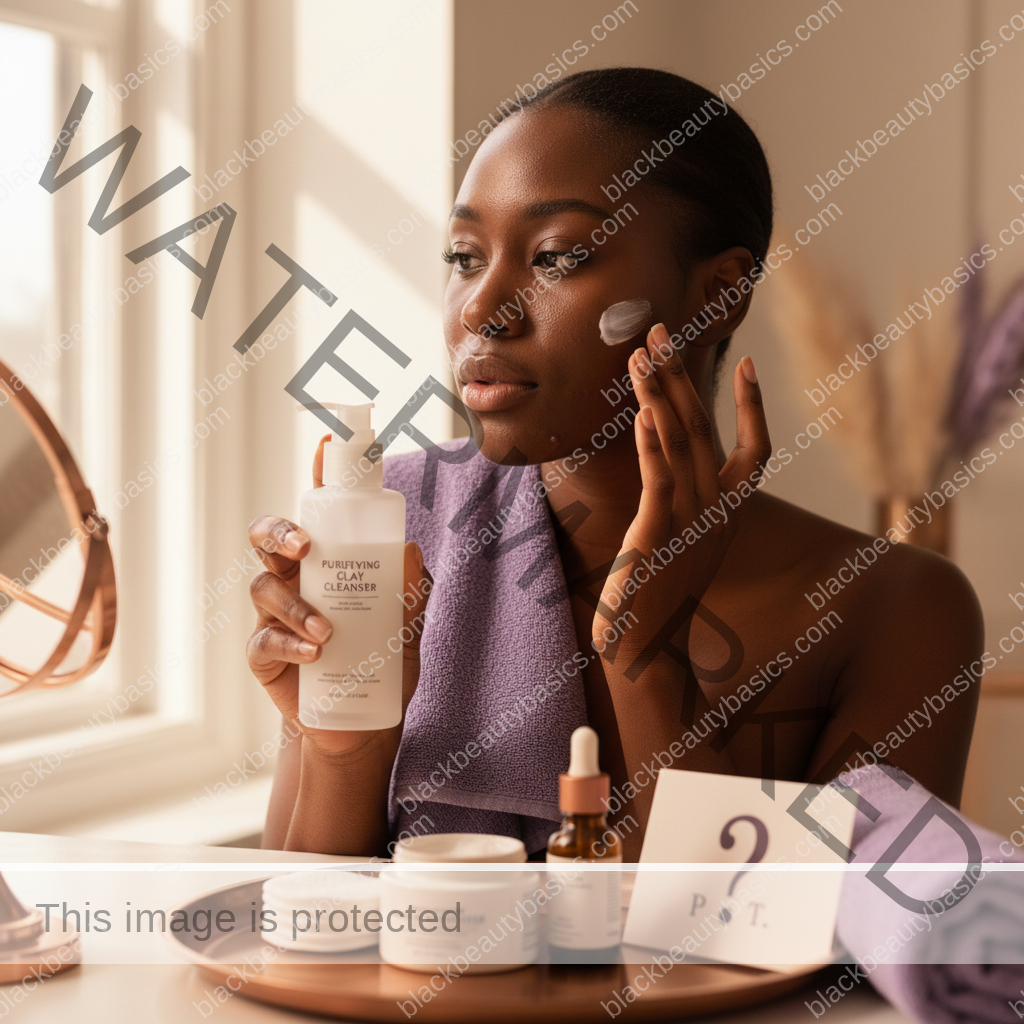 Black woman applying a gentle acne routine step for What Skin Purging Looks Like on Melanin-Rich Skin