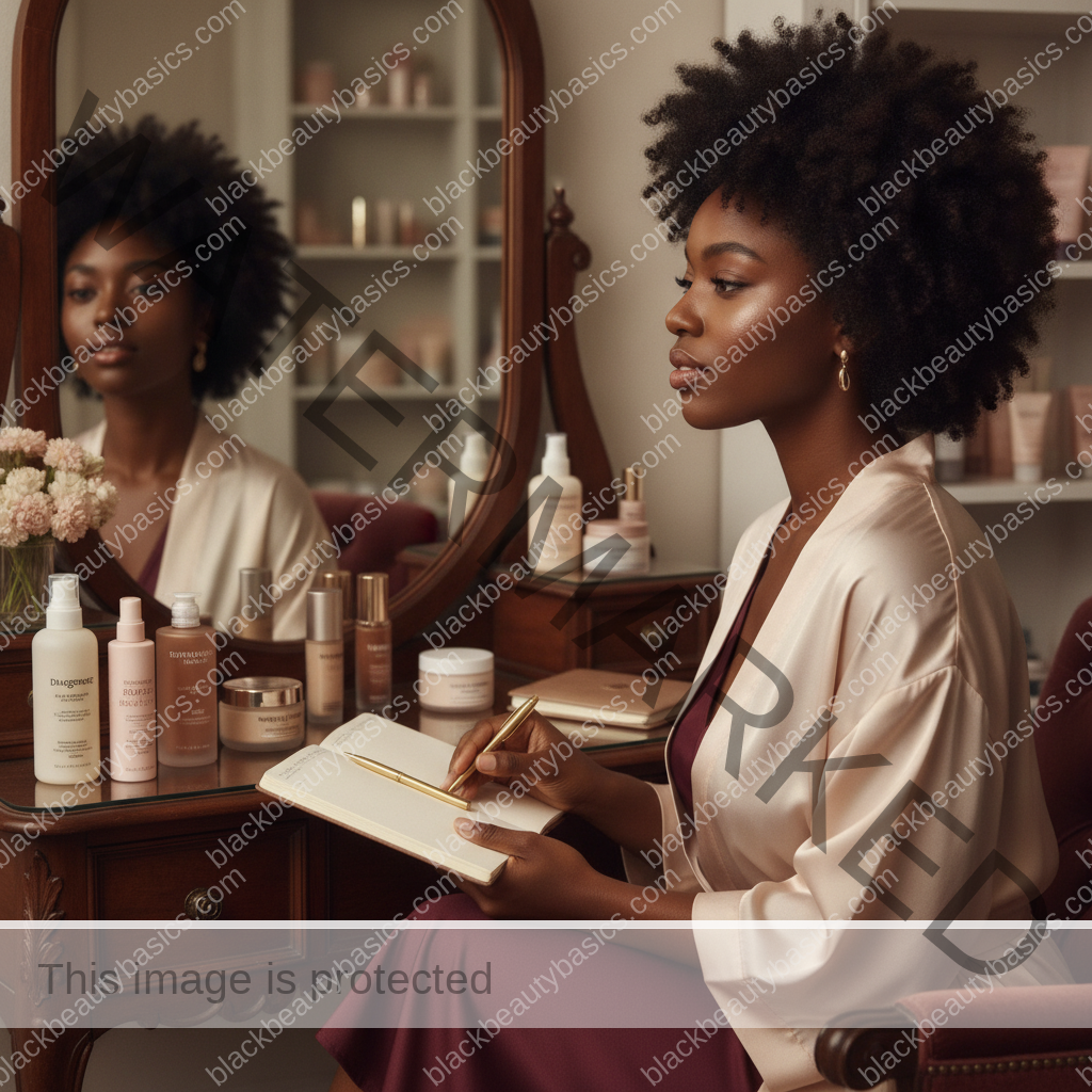 Melanin-rich Black woman with rich brown skin navigating beauty choices in a realistic editorial setting