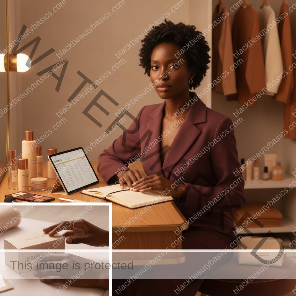 Melanin-rich Black woman with rich brown skin in a calm reflective beauty moment