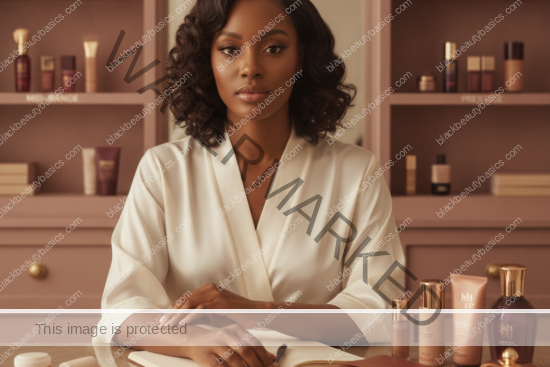 Melanin-rich Black woman with rich brown skin in a warm editorial beauty identity moment for Drugstore, Mid-Range, and Prestige: Where to Save and Where to Spend