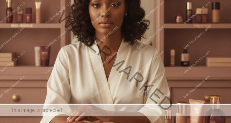 Melanin-rich Black woman with rich brown skin in a warm editorial beauty identity moment for Drugstore, Mid-Range, and Prestige: Where to Save and Where to Spend