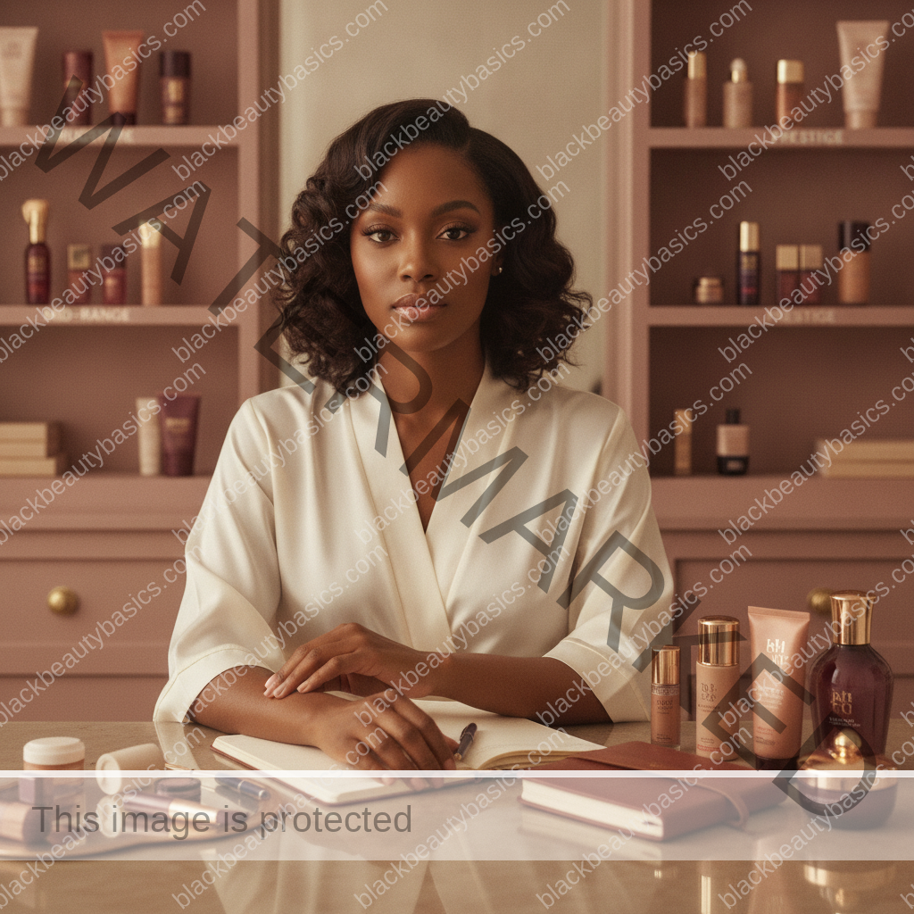 Melanin-rich Black woman with rich brown skin in a warm editorial beauty identity moment for Drugstore, Mid-Range, and Prestige: Where to Save and Where to Spend