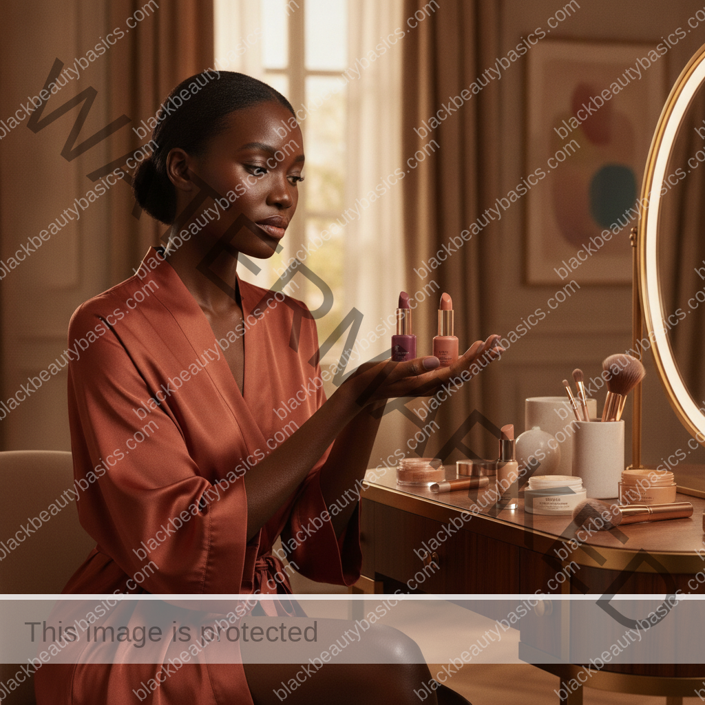 Melanin-rich Black woman comparing unbranded beauty products without visible labels or text