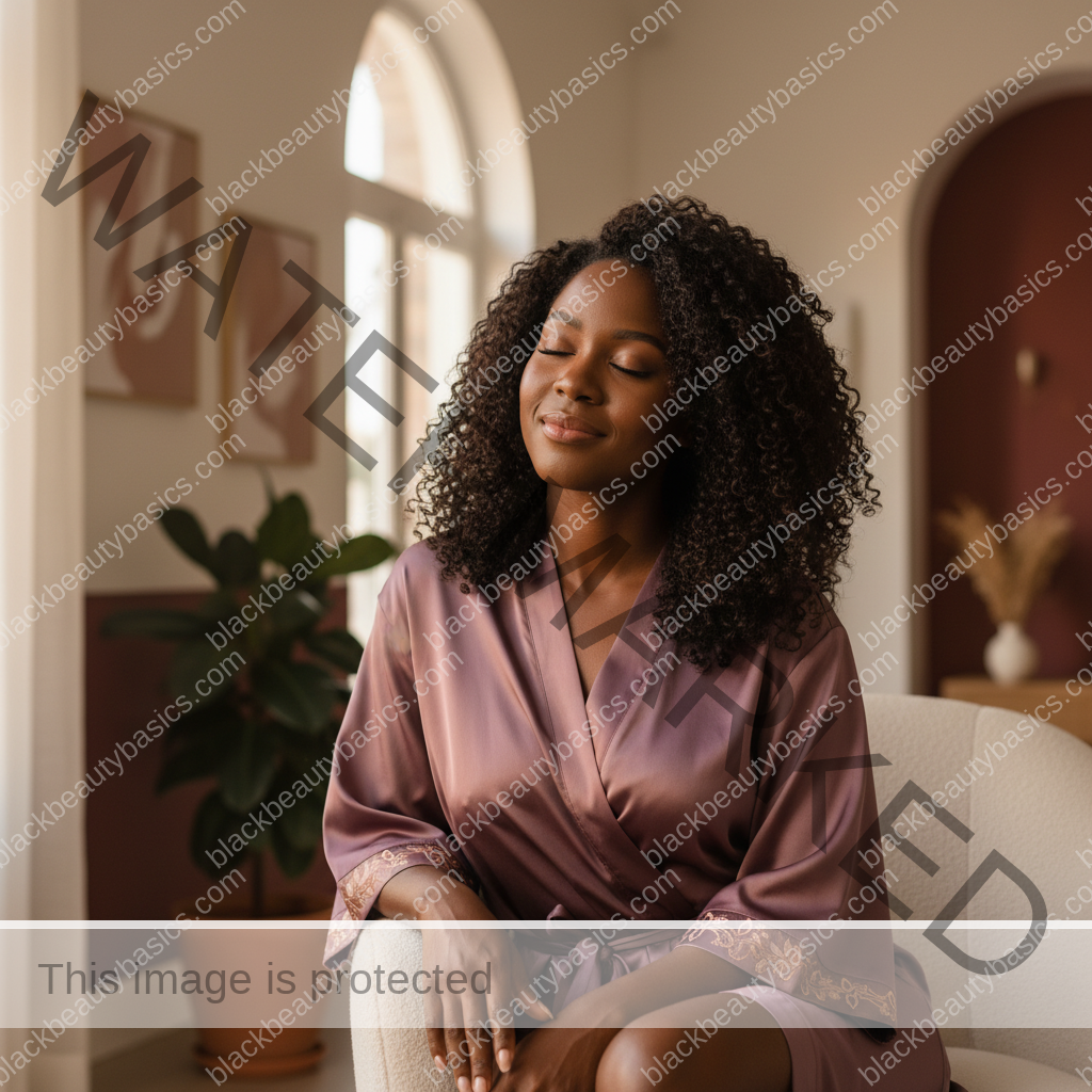 Melanin-rich Black woman with rich brown skin and textured hair relaxed after a gentle natural-hair routine