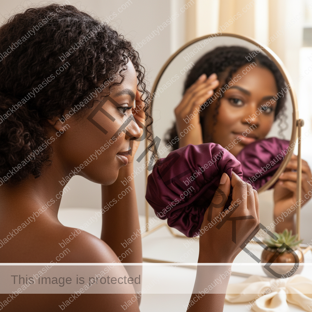 Melanin-rich Black woman with rich brown skin and textured hair in a calm mirror moment with natural hair