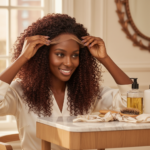 Melanin-rich Black woman with rich brown skin and textured hair in a warm editorial natural-hair routine moment for Wig-Wearing Routine That Still Protects Your Real Hair Underneath
