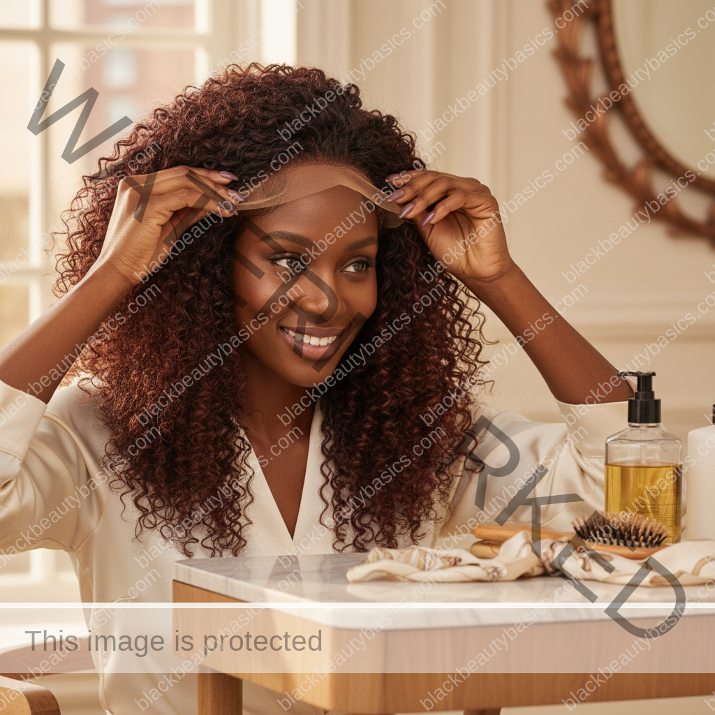 Melanin-rich Black woman with rich brown skin and textured hair in a warm editorial natural-hair routine moment for Wig-Wearing Routine That Still Protects Your Real Hair Underneath